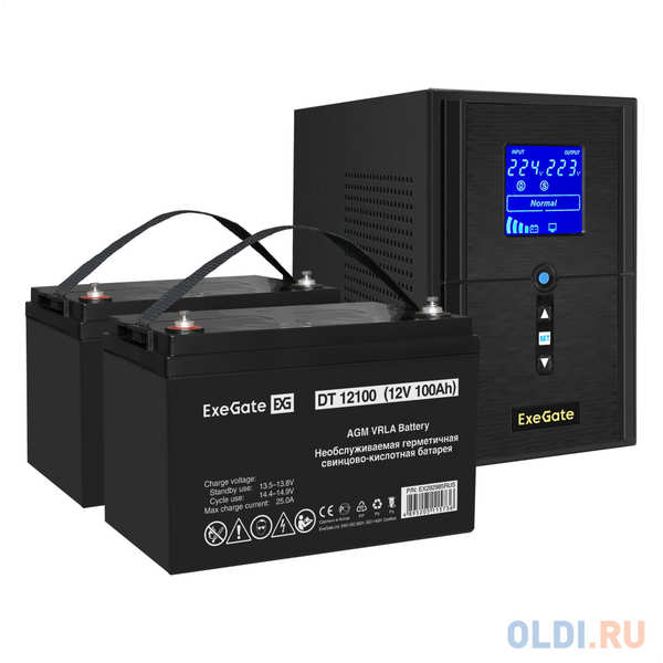 Комплект ИБП EX295987RUS + батарея 100Aч EX282985RUS 2шт (инвертор, синус, для котла) ExeGate SineTower SZ-1000.LCD.AVR.2SH.1C13.USB<1000VA/800W