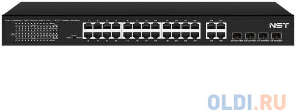NST PoE коммутатор Fast Ethernet на 24 x RJ45 портов + 4 x GE Combo uplink порта. Порты: 24 x FE (10/100 Base-T) с поддержкой PoE (IEEE 802.3af/at), 4 x G