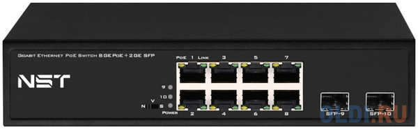 NST PoE коммутатор Gigabit Ethernet на 8 RJ45 + 2 SFP порта. Порты: 8 х GE (10/100/1000 Base-T) с поддержкой PoE (IEEE 802.3af/at), 2 x GE SFP (1000 Base- 4346843052