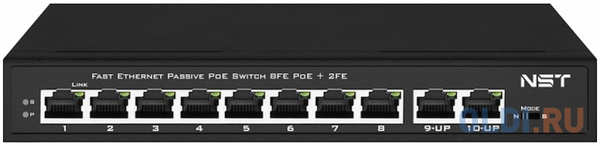 NST Passive PoE коммутатор Fast Ethernet на 10 портов. Порты: 8 х FE (10/100 Base-T, 52V 4,5(+) 7,8(–)) совместимы с PoE (IEEE 802.3af/at), 2 x FE (10/100