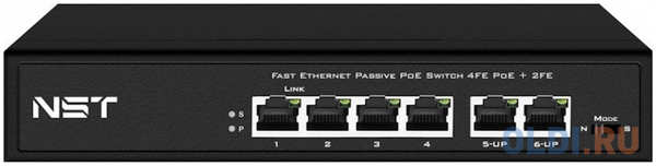 NST Passive PoE коммутатор Fast Ethernet на 6 портов. Порты: 4 х FE (10/100 Base-T, 52V 4,5(+) 7,8(–)) совместимы с PoE (IEEE 802.3af/at), 2 x FE (10/100 4346843058