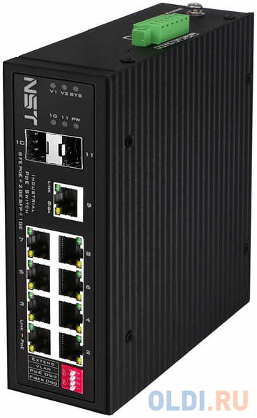 NST Промышленный PoE коммутатор Fast Ethernet на 8 FE RJ45 PoE + 1 GE RJ45 + 2 GE SFP порта. Порты Ethernet: 8x10/100Base-T, 1x10/100/1000Base-T, 2x1000Ba