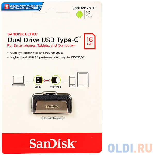 Внешний накопитель 16GB USB Drive <USB 3.0 SanDisk Ultra Dual Type C (SDDDC2-016G-G46)