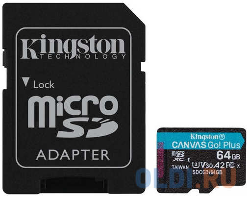 Флеш карта microSDXC 64Gb Kingston,microSDXC, UHS-II Class U3 V30 A2, чтение: 170Мб/с, запись: 70Мб/с, с адаптером 4348342136
