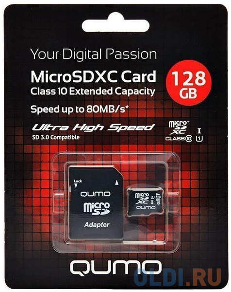 Micro SecureDigital 128Gb QUMO QM128GMICSDXC10U3 {MicroSDXC Class 10 UHS-I, SD adapter} 4348352484