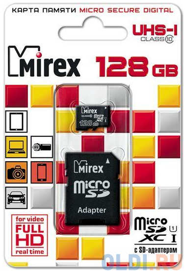 Флеш карта microSD 128GB Mirex microSDXC Class 10 UHS-I (SD адаптер) 13613-AD10S128 4348450993