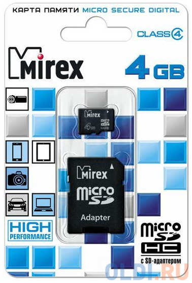 Флеш карта microSD 4GB Mirex microSDHC Class 4 (SD адаптер)