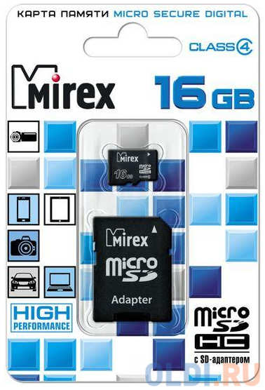 Флеш карта microSD 16GB Mirex microSDHC Class 4 (SD адаптер)
