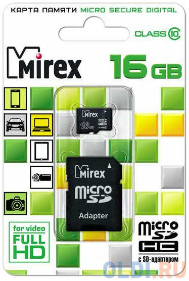 Флеш карта microSD 16GB Mirex microSDHC Class 10 (SD адаптер)