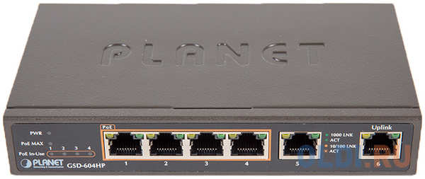 PLANET 4-Port 10/100/1000T 802.3at POE + 2-Port 10/100/1000T Desktop Switch (55W POE Budget, External Power Supply) 4348500994