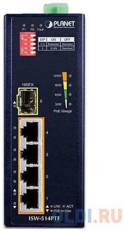Planet IP30 4-Port/TP + 1-Port Fiber(SFP) POE Industrial Fast Ethernet Switch (-40 to 75 C) 4348511511