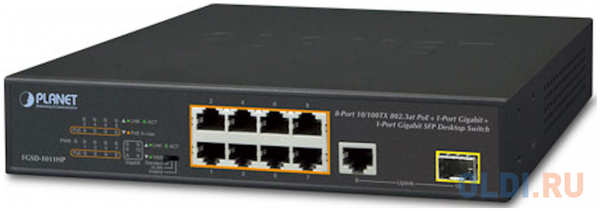 Planet 8-Port 10/100TX 802.3at PoE + 1-Port 10/100/1000T + 1-Port 100/1000X SFP Desktop Switch (120W PoE Budget, Standard/VLAN/Extend mode, 10-inch and rack
