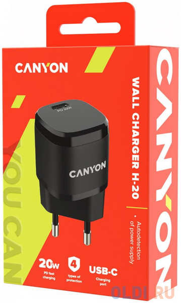 Canyon, PD 20W Input: 100V-240V, Output: 1 port charge: USB-C:PD 20W (5V3A/9V2.22A/12V1.66A) , Eu plug, Over- Voltage , over-heated, over-current and