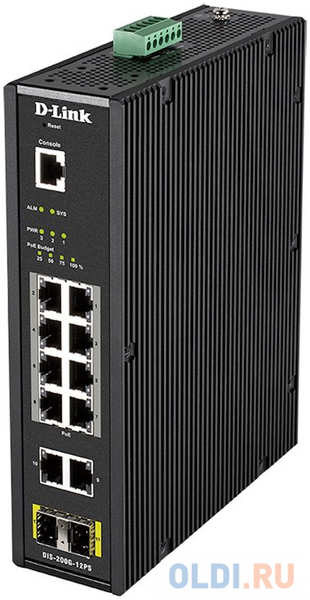 D-Link DIS-200G-12PS/A2A Промышленный управляемый L2 коммутатор с 10 портами 10/100/1000Base-T и 2 портами 1000Base-X SFP (8 портов PoE 802.3af/at, PoE-бюдже