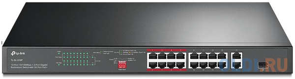 TP-Link 16-port 10/100Mbps + 2-port Gigabit unmanaged switch with 16 PoE+ ports, compliant with 802.3af/at PoE, 150W PoE budget, support 250m Extend Mode, pr