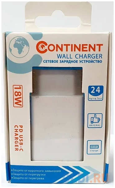 Зарядное устройство Continent PN18-101WT/L 3 А USB-C белый 4348576743