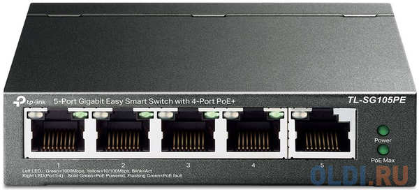 TP-Link 5-Port Gigabit Easy Smart Switch with 4-Port PoE+, metal case, desktop mount, PoE budget 65W, suppor