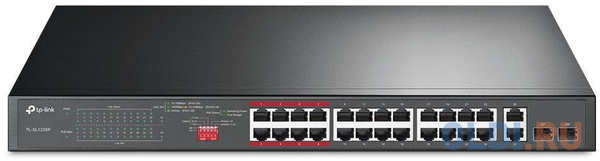 TP-Link 24-port 10/100Mbps Unmanaged PoE+ Switch with 2 combo RJ-45/SFP uplink ports, metal case, rack mount