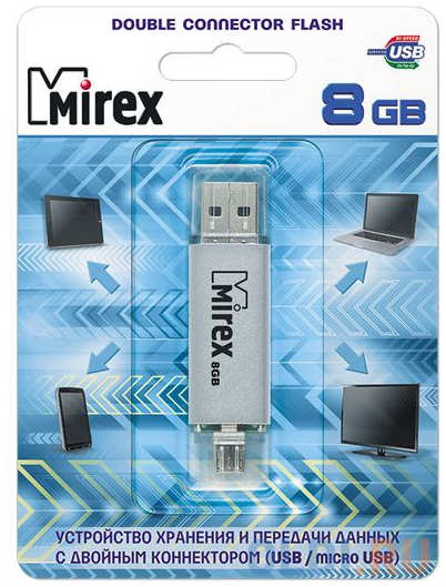 Флеш накопитель 8GB Mirex Smart, OTG, USB 2.0/MicroUSB, Серебро 4348588326