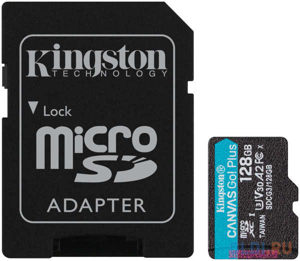 Kingston Карта памяти microSDXC Canvas Go Plus, 128 Гб, UHS-I, U3, V30, A2, с адаптером 4348635436