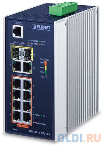Planet IP30 Industrial L2/L4 8-Port 10/100/1000T 802.3at PoE + 2-Port 10/100/100T + 2-Port 100/1000X SFP Managed Switch (-40~75 degrees C), dual redundant po 4348874255