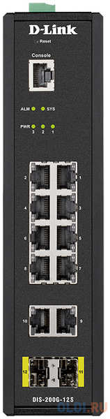 Коммутатор D-Link DIS-200G-12S/A1A Промышленный управляемый коммутатор 2 уровня с 10 портами 10/100/1000Base-T и 2 портами 1000Base-X SFP