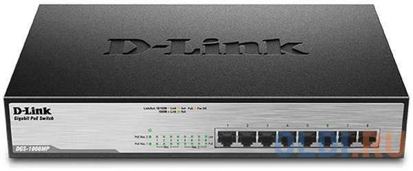 Коммутатор D-Link DGS-1008MP/B1A Неуправляемый коммутатор с 8 портами 10/100/1000Base-T с поддержкой PoE 802.3af/802.3at (30 Вт, PoE?бюджет 125 Вт), ф