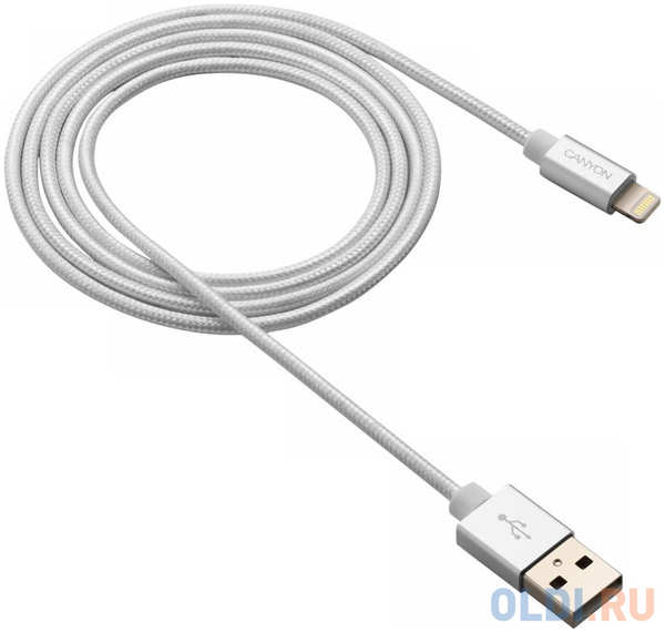 Кабель CANYON Charge & Sync MFI braided cable with metalic shell, USB to lightning, certified by Apple, cable length 1m, OD2.8mm, Pearl White 434979146