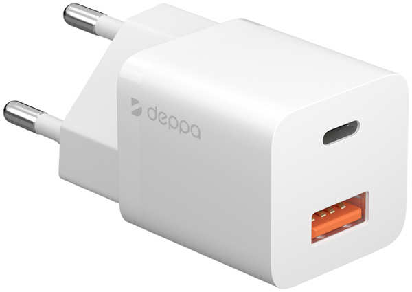 Сетевое зарядное устройство Deppa USB-C + USB-A, PD 3.0, QC 3.0, GaN, 20 Вт белый 657383597