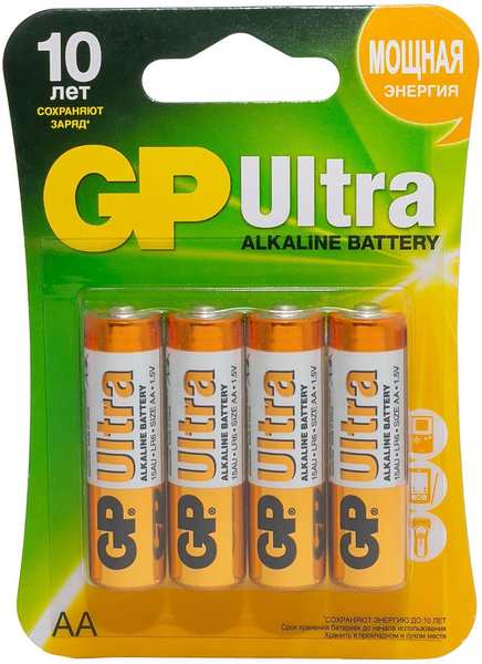 Батарейка GP Ultra Alkaline 15А, АА, 4 шт. 657390220