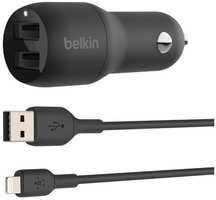 Автомобильное зарядное устройство Belkin 2 x USB-A, 12Вт x 2, кабель Lightning 1 м черный (CCD001bt1MBK)