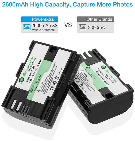 2 аккумулятора LP-E6 + зарядное устройство Powerextra CO-7132 6783252