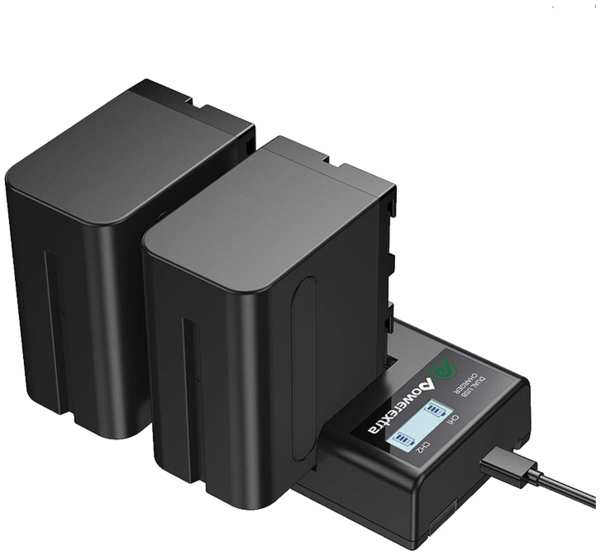 2 аккумулятора NP-F970 + зарядное устройство Powerextra SN-F970LCD-B (micro USB)