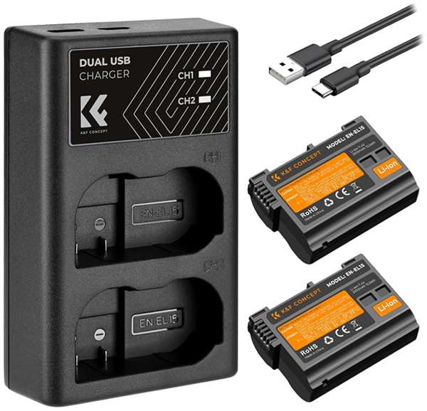 2 аккумулятора EN-EL15 + зарядное устройство K&F Concept KF28.0012 6798335