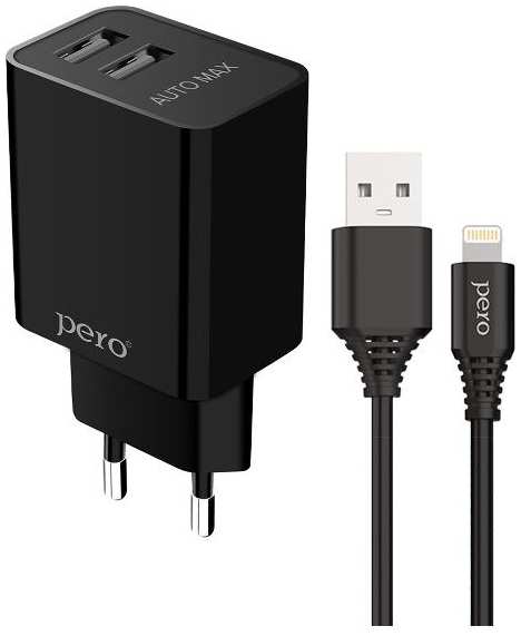 Сетевое зарядное устройство PERO TC02 Combo, 2хUSB/Lightning, 2.1A c кабелем Black (ТС02BL2AL) 90154481018