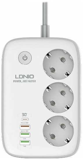 Удлинитель LDNIO 3 розетки, 2500W, 4хUSB QC 3.0 PPS PD 3.0 30W, Wi-Fi, 2m White (SEW3452)