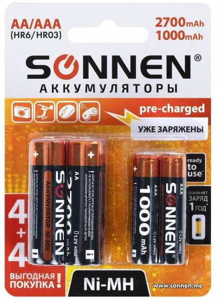 Аккумуляторы Sonnen Ni-Mh, AA+ААА, 2700/1000mAh, 8 шт (455612) 90154622304