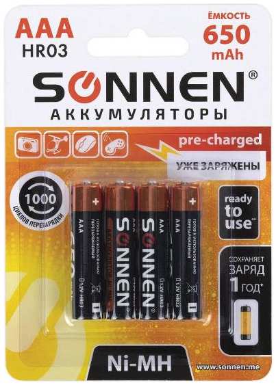 Аккумуляторы Sonnen Ni-Mh, ААA (HR03), 650mAh, 4 шт (455609) 90154622306