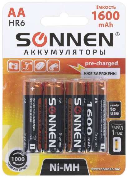 Аккумуляторы Sonnen Ni-Mh, АА (HR6), 1600mAh, 4 шт (455605) 90154622308