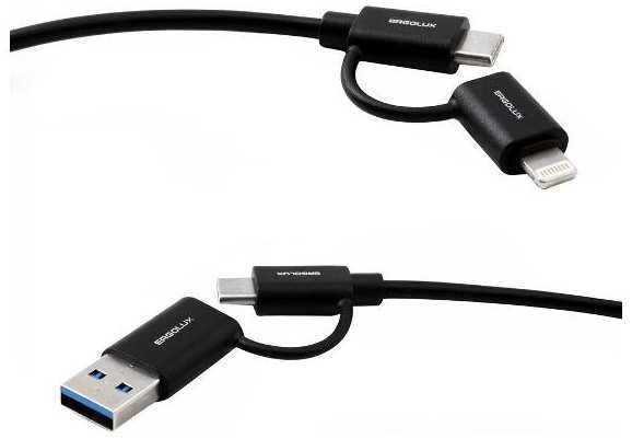 Кабель Ergolux 4 в 1 USB/2xUSB Type-C/Lightning, 5А, 60Вт, 1,2 м, чёрный (ELX-CDC07-C02)