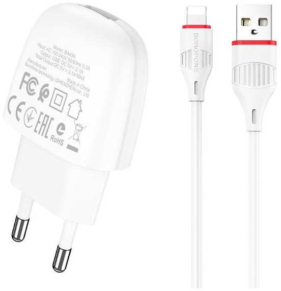 Сетевое зарядное устройство BOROFONE BA49A Vast Power, USB, 2,1 A + кабель Lightning, белое (28432) 90154640127