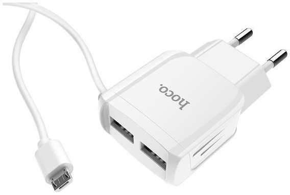 Сетевое зарядное устройство HOCO C59A Mega Joy, 2хUSB, 2,4 A, встроенный кабель micro-USB, белое (07956)