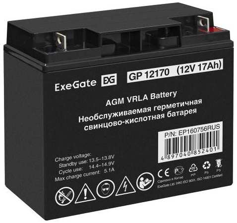 Аккумулятор для ИБП ExeGate 12V 17Ah, клеммы F3, болт М5 с гайкой (GP12170) 90154659493
