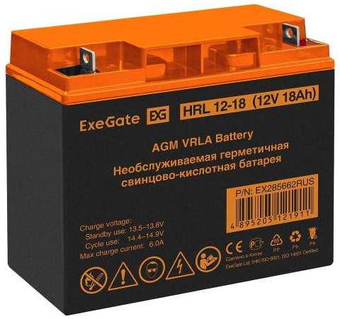 Аккумулятор для ИБП ExeGate 12V 18Ah, клеммы F3, болт М5 с гайкой (HRL 12-18) 90154659843