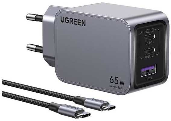 Сетевое зарядное устройство UGREEN X755 Nexode Pro 65W 3-Port GaN Fast Charger EU с кабелем 100W, 1 м Grey (25871) 90154690845