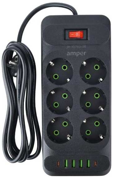 Удлинитель Amper 6 розеток, 10 А, 2500 Вт, 4хUSB, 2хType-C, 2 м, черный (JH-1076U-2B)