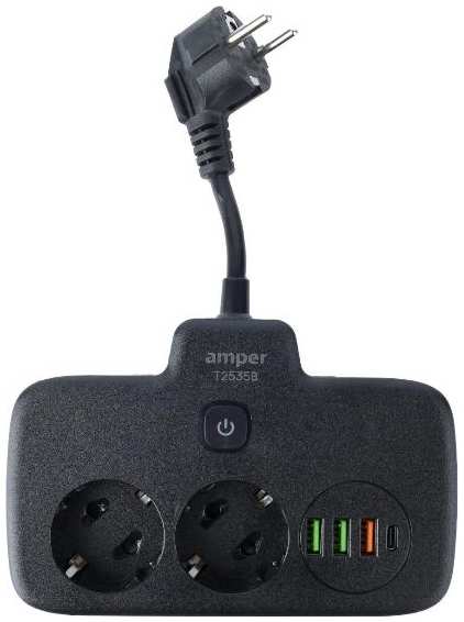 Удлинитель Amper 2 розетки, 3х0,75 мм, 10 А, 2500 Вт, 3хUSB, 1хType-C, 1 кнопка, 0,2 м, черный (T2535B)