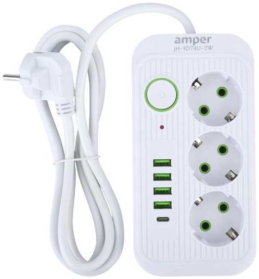 Удлинитель Amper 3 розетки, 3х0,75 мм, 10 А, 2500 Вт, 4хUSB, 1хType-C, 2 м, белый (JH-1074U-2W)