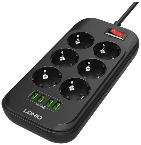 Удлинитель LDNIO SE6403, 6 розеток, медь, 2500W, 4хUSB, 17W, 6 м Black&Gray (LD_D0430)