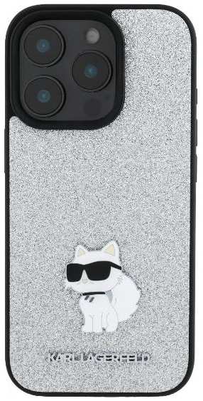 Чехол Karl Lagerfeld Fixed Glitters для iPhone 16 Pro Max NFT Choupette Metal pin Silver (KLHCP16XGCNPSG)